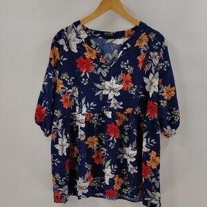 Bloomchic Blouse 18 20 Navy Floral Print Babydoll Peasant Style Short Sleeve